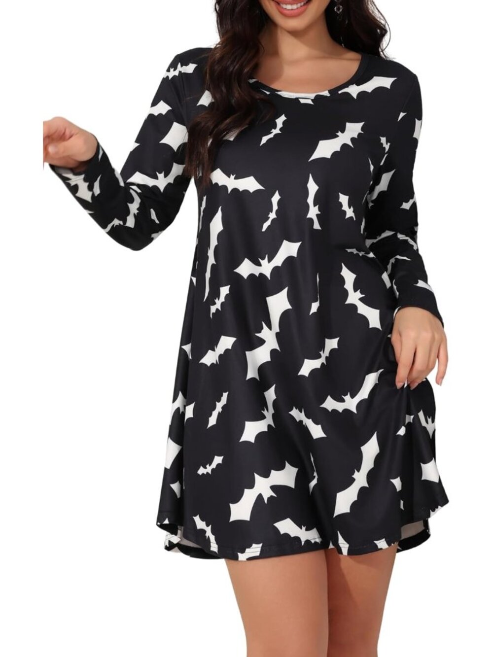 Women's Black Bats Halloween Long Sleeve Print Swing Short Cute Costume Dresses